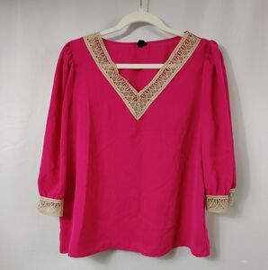 SHEIN Pink Gold Crochet Trim Puff Sleeve Boho Blouse, Sz L